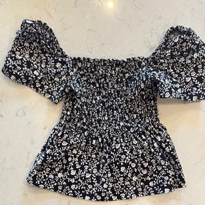 H&M Black and White Smocked Ruffled Blouse